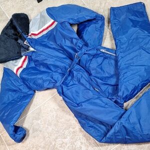 Blue Snowmobile/ski suit with Red and White Stripes